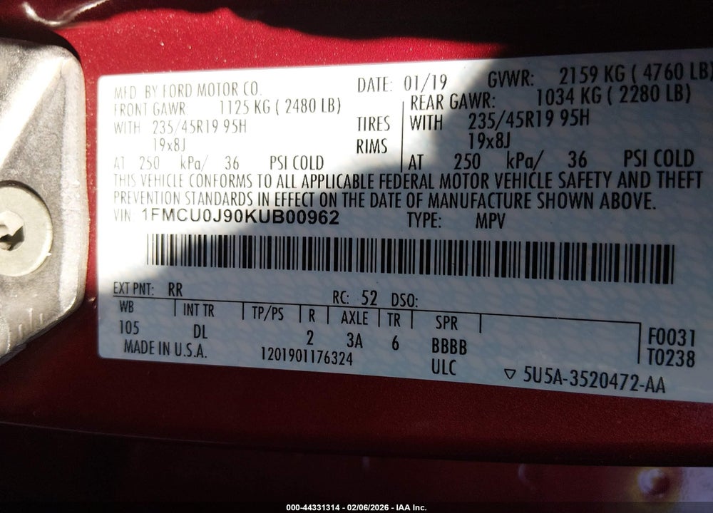 2019 FORD ESCAPE TITANIUM VIN: 1FMCU0J90KUB00962