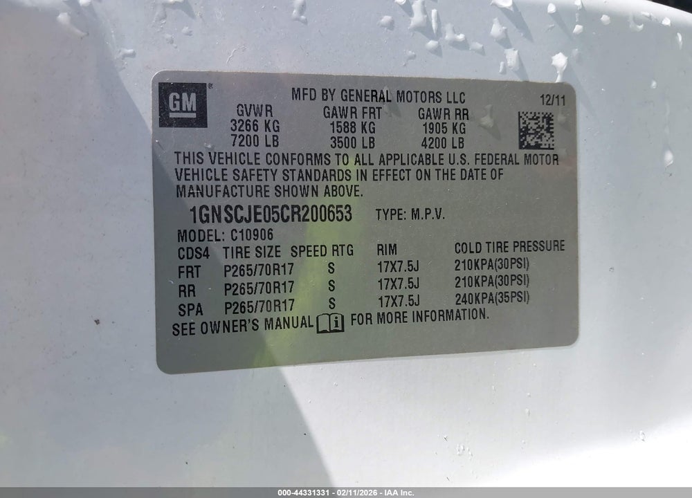 2012 CHEVROLET SUBURBAN 1500 LT VIN: 1GNSCJE05CR200653