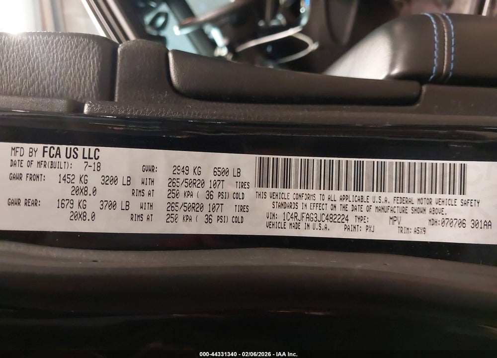 2018 JEEP GRAND CHEROKEE UPLAND 4X4 VIN: 1C4RJFAG3JC482224