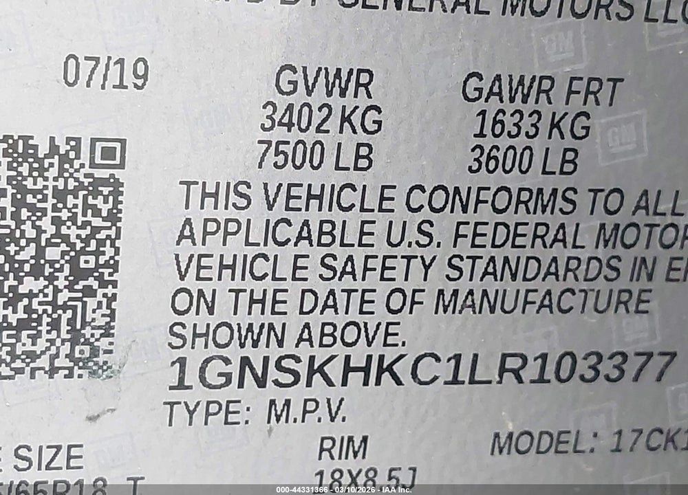 2020 CHEVROLET SUBURBAN 4WD LT VIN: 1GNSKHKC1LR103377