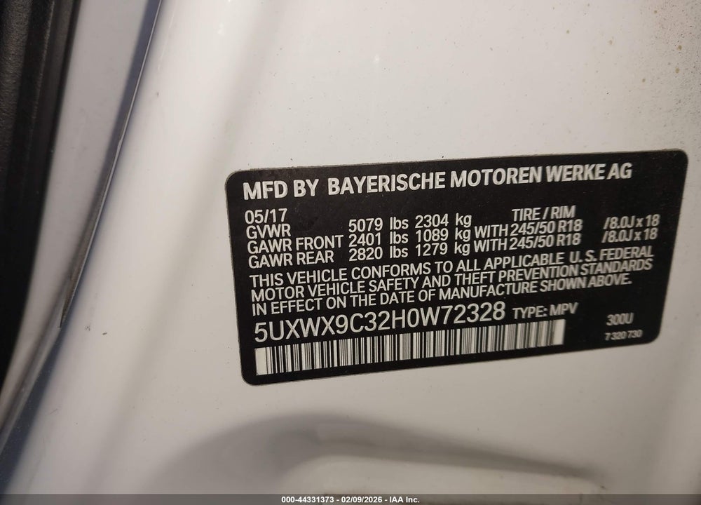 2017 BMW X3 XDRIVE28I VIN: 5UXWX9C32H0W72328
