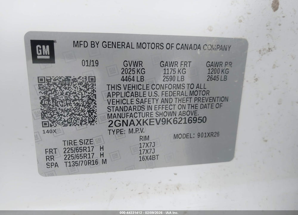 2019 CHEVROLET EQUINOX LT VIN: 2GNAXKEV9K6216950