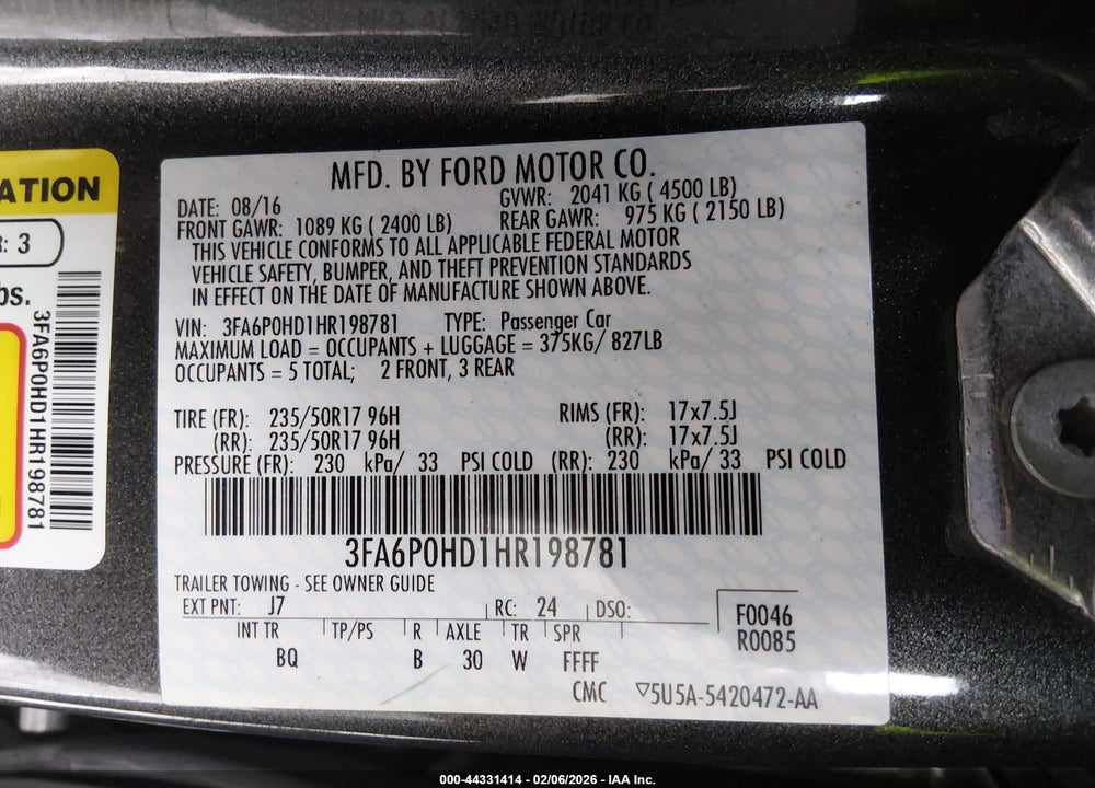 2017 FORD FUSION SE VIN: 3FA6P0HD1HR198781