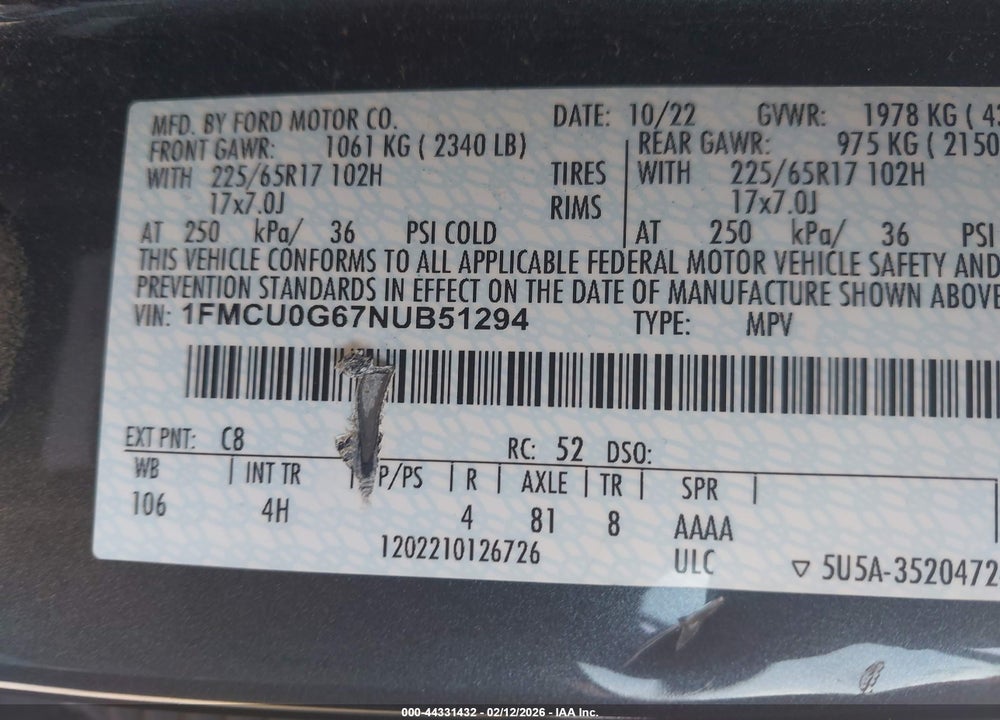 2022 FORD ESCAPE SE VIN: 1FMCU0G67NUB51294