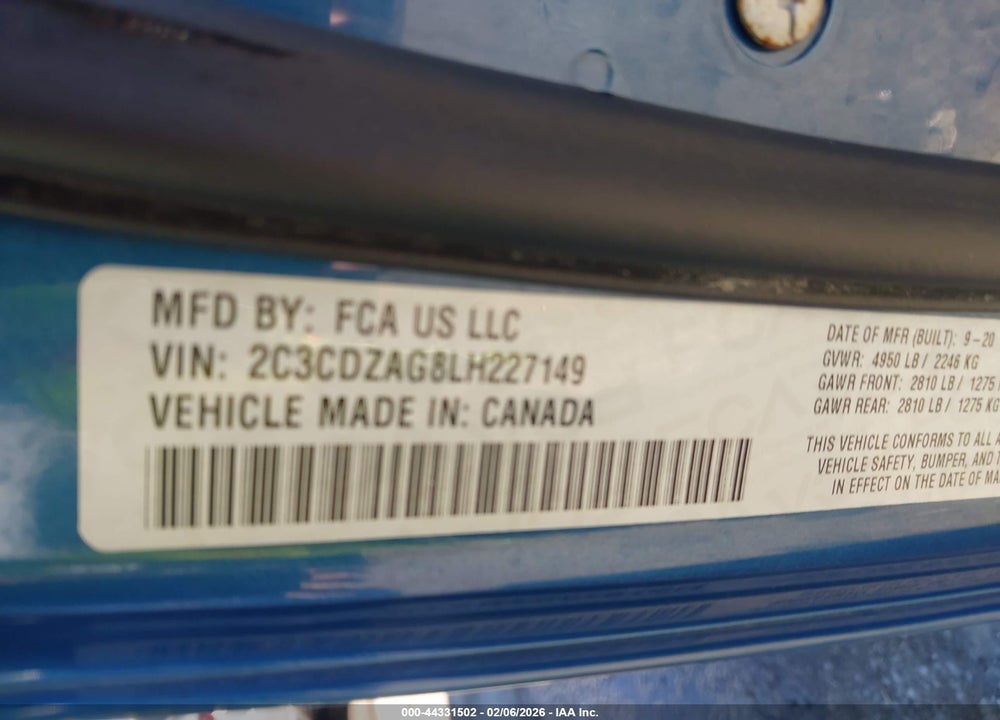 2020 DODGE CHALLENGER SXT VIN: 2C3CDZAG8LH227149