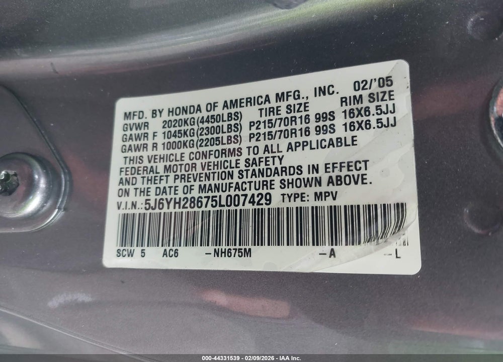 2005 HONDA ELEMENT EX VIN: 5J6YH28675L007429