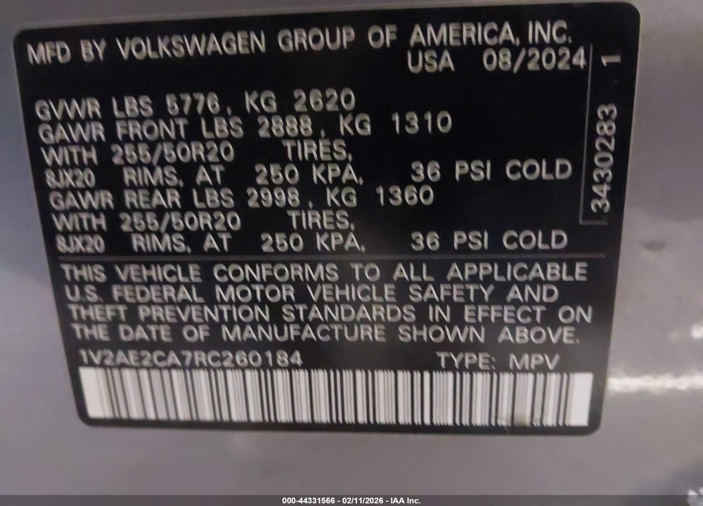 2024 VOLKSWAGEN ATLAS CROSS SPORT 2.0T SEL R-LINE VIN: 1V2AE2CA7RC260184