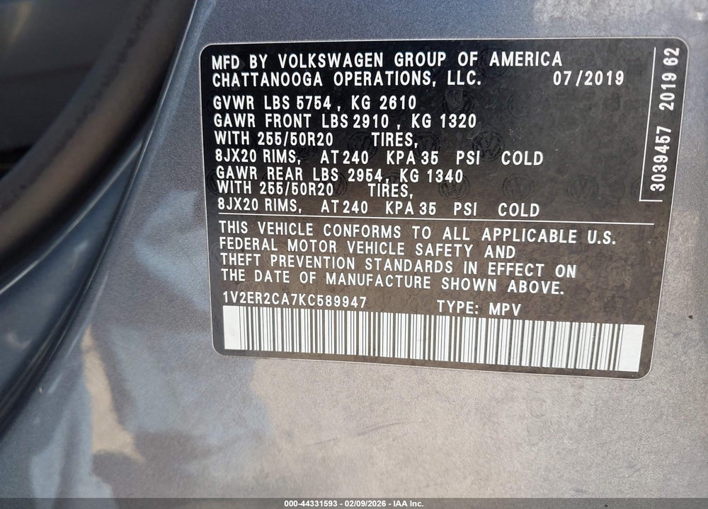 2019 VOLKSWAGEN ATLAS 3.6L V6 SEL VIN: 1V2ER2CA7KC589947