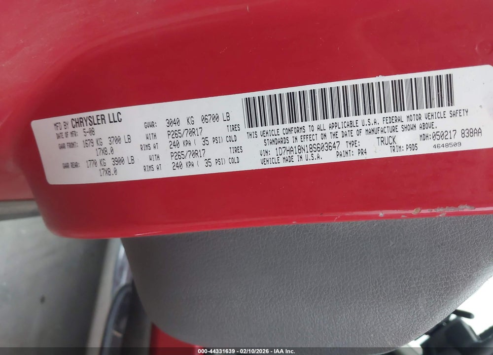 2008 DODGE RAM 1500 ST/SXT VIN: 1D7HA18N18S603647