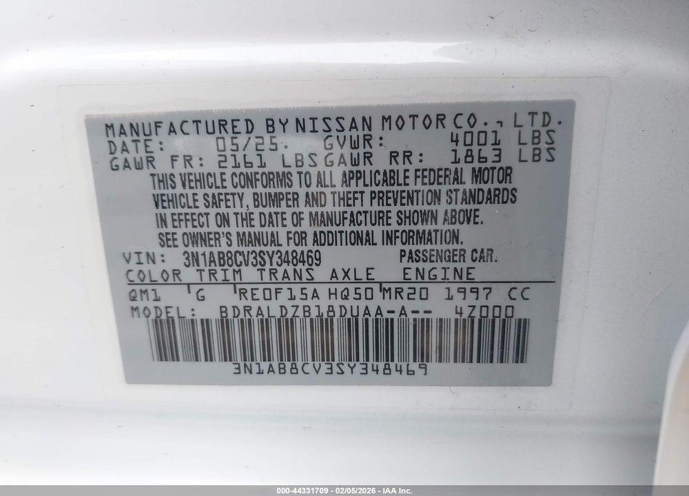 2025 NISSAN SENTRA SV VIN: 3N1AB8CV3SY348469