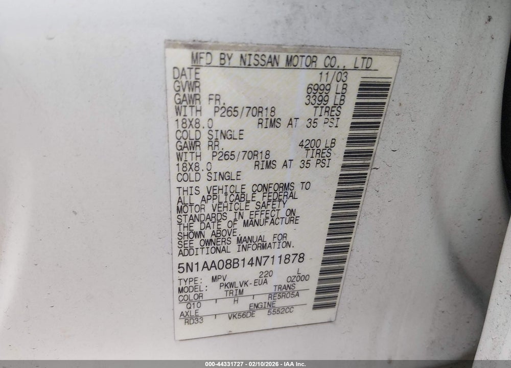 2004 NISSAN PATHFINDER ARMADA LE VIN: 5N1AA08B14N711878