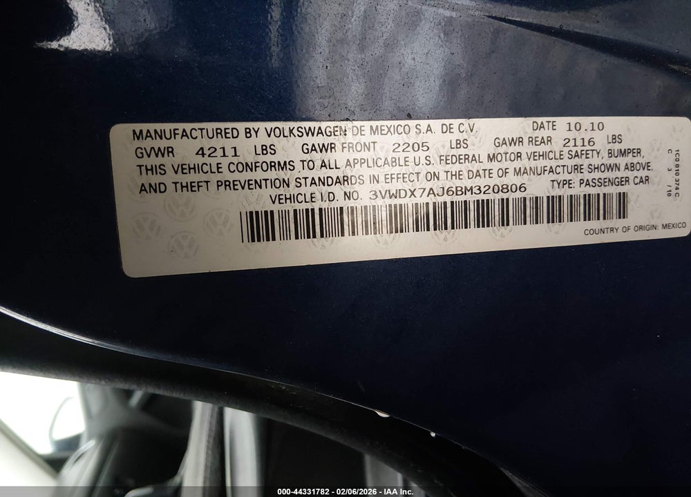 2011 VOLKSWAGEN JETTA 2.5L SE VIN: 3VWDX7AJ6BM320806