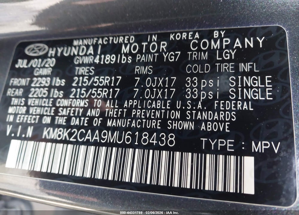 2021 HYUNDAI KONA SEL VIN: KM8K2CAA9MU618438