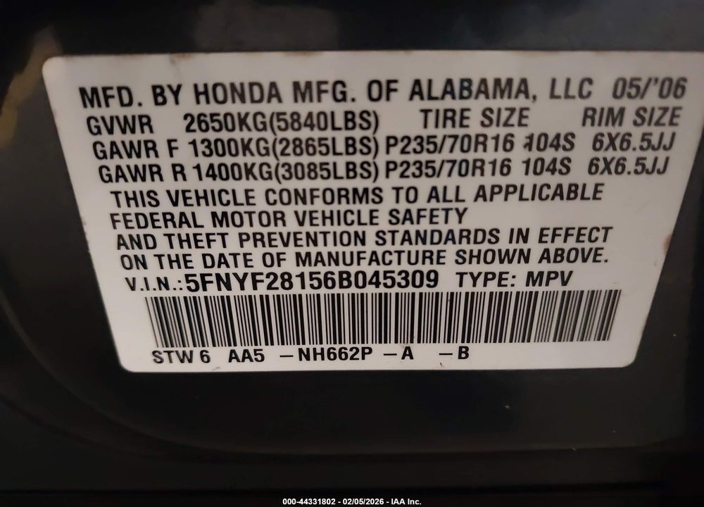 2006 HONDA PILOT LX VIN: 5FNYF28156B045309