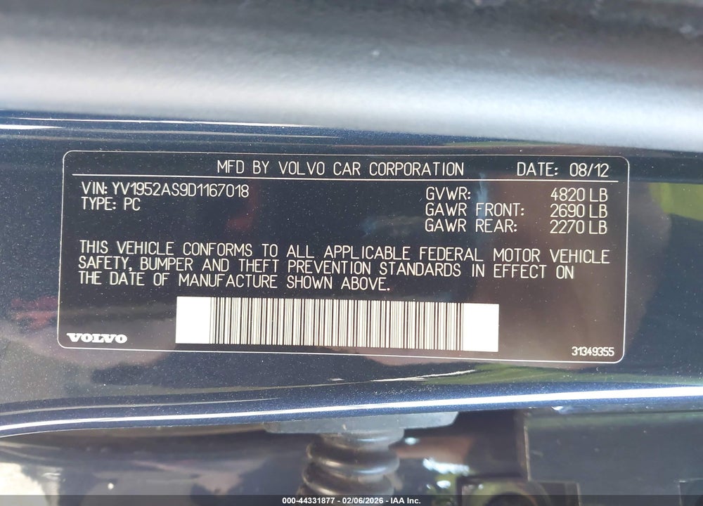 2013 VOLVO S80 VIN: YV1952AS9D1167018