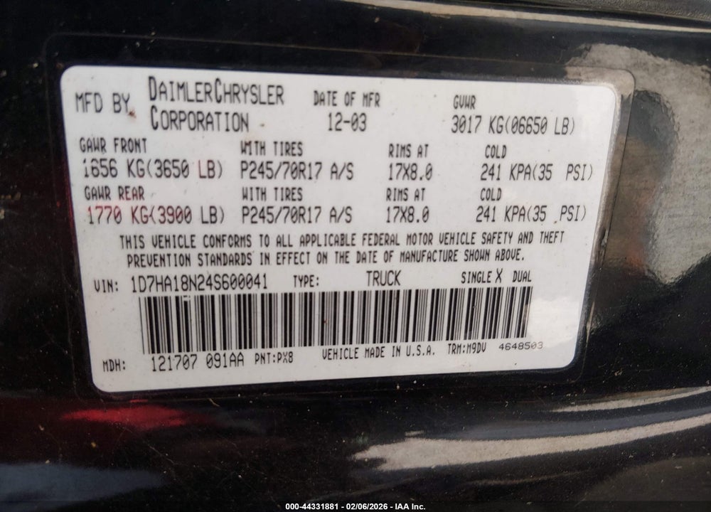 2004 DODGE RAM 1500 SLT/LARAMIE VIN: 1D7HA18N24S600041