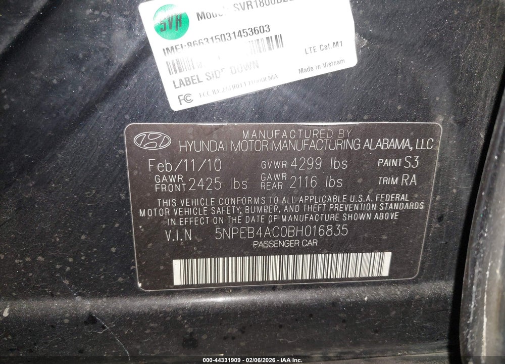 2011 HYUNDAI SONATA GLS VIN: 5NPEB4AC0BH016835