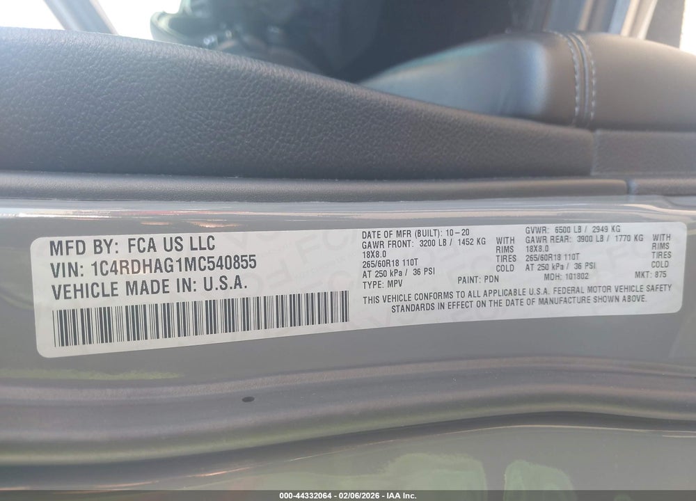 2021 DODGE DURANGO SXT RWD VIN: 1C4RDHAG1MC540855
