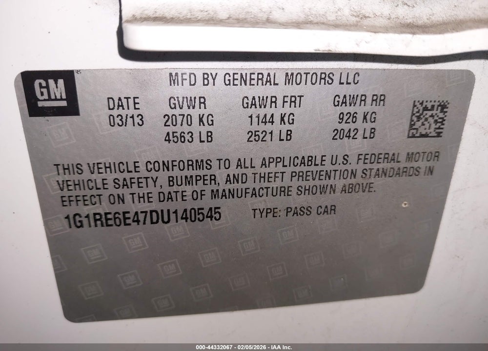 2013 CHEVROLET VOLT VIN: 1G1RE6E47DU140545