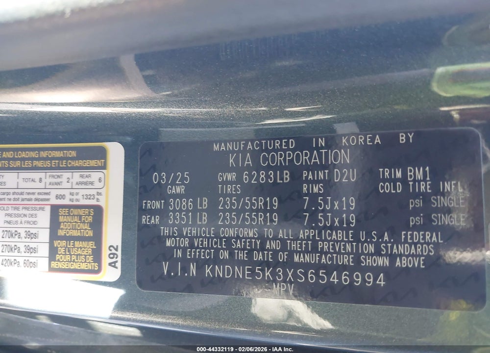 2025 KIA CARNIVAL MPV SX VIN: KNDNE5K3XS6546994