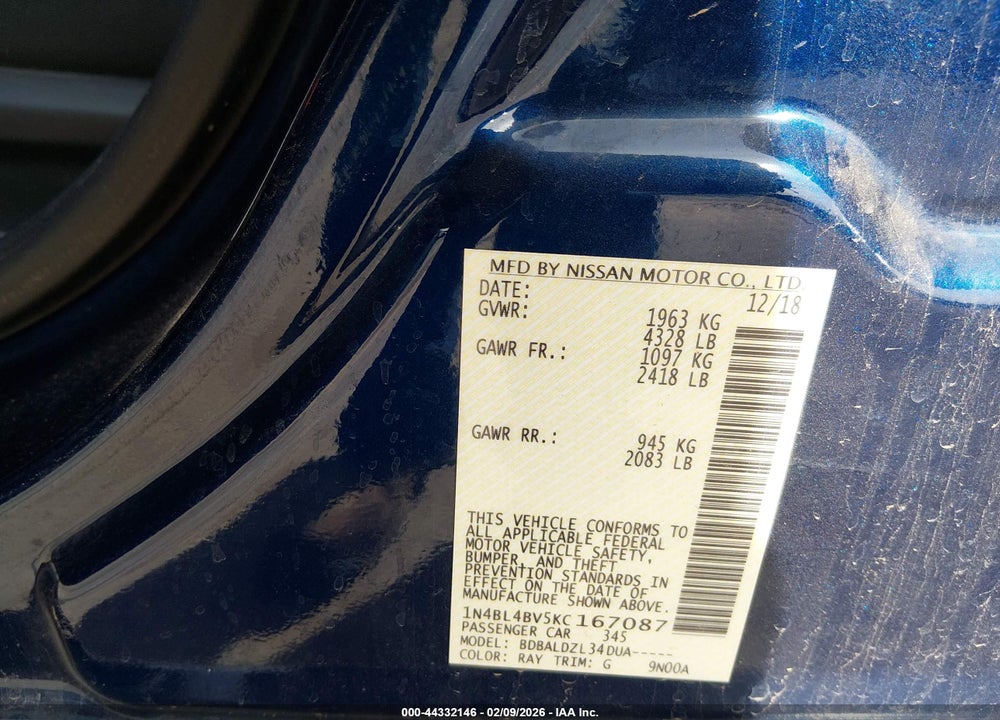 2019 NISSAN ALTIMA 2.5 S VIN: 1N4BL4BV5KC167087