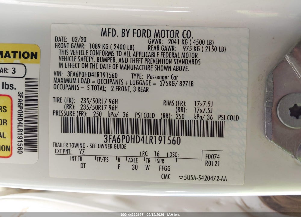 2020 FORD FUSION SE VIN: 3FA6P0HD4LR191560