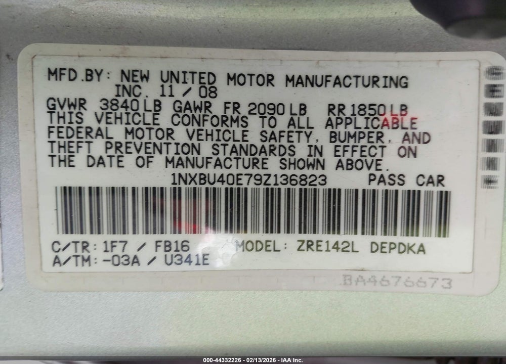 2009 TOYOTA COROLLA LE VIN: 1NXBU40E79Z136823
