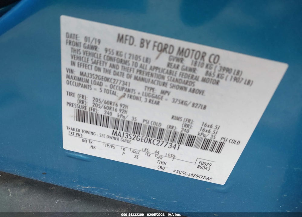 2019 FORD ECOSPORT SE VIN: MAJ3S2GE0KC277341
