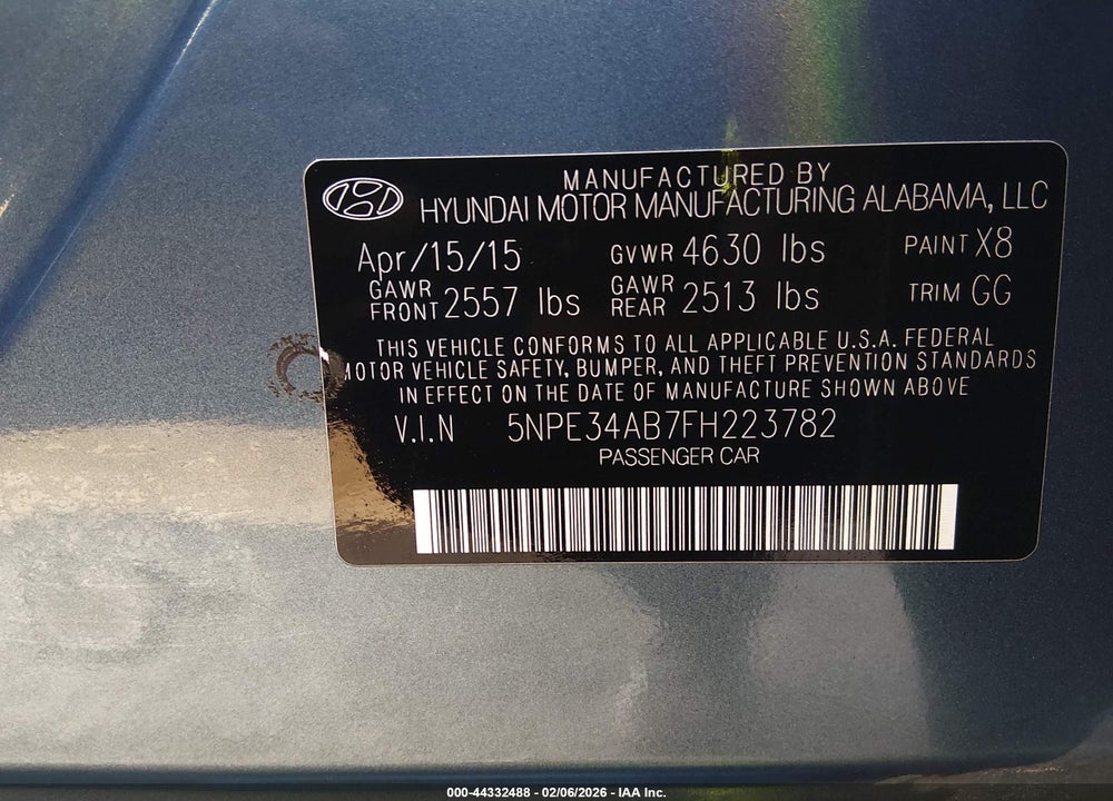 2015 HYUNDAI SONATA LIMITED 2.0T VIN: 5NPE34AB7FH223782