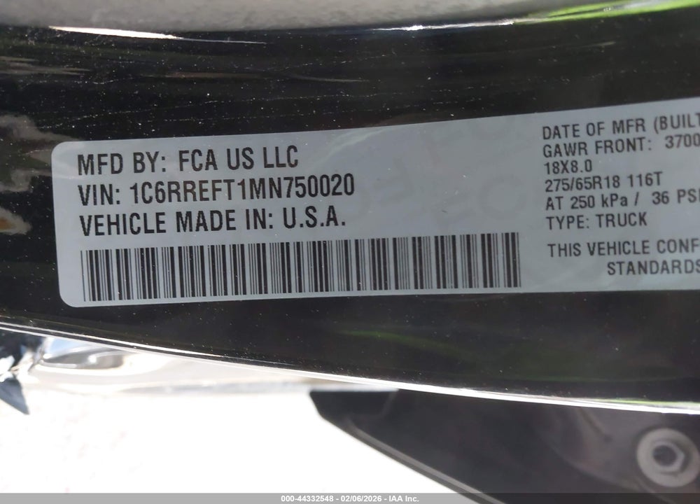 2021 RAM 1500 BIG HORN  4X2 5'7 BOX VIN: 1C6RREFT1MN750020