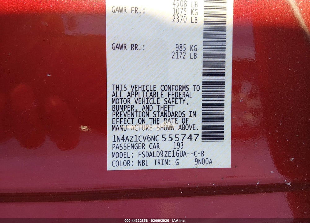 2022 NISSAN LEAF SV 40 KWH VIN: 1N4AZ1CV6NC555747