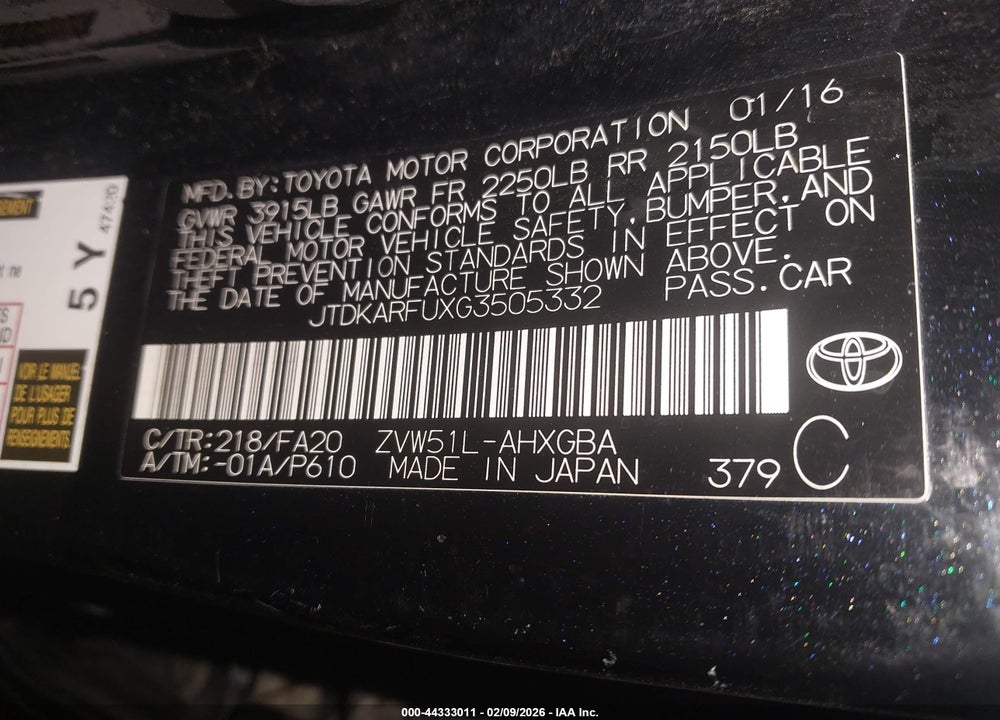 2016 TOYOTA PRIUS THREE VIN: JTDKARFUXG3505332