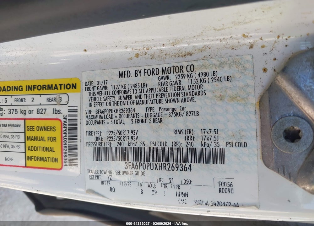 2017 FORD FUSION ENERGI SE VIN: 3FA6P0PUXHR269364