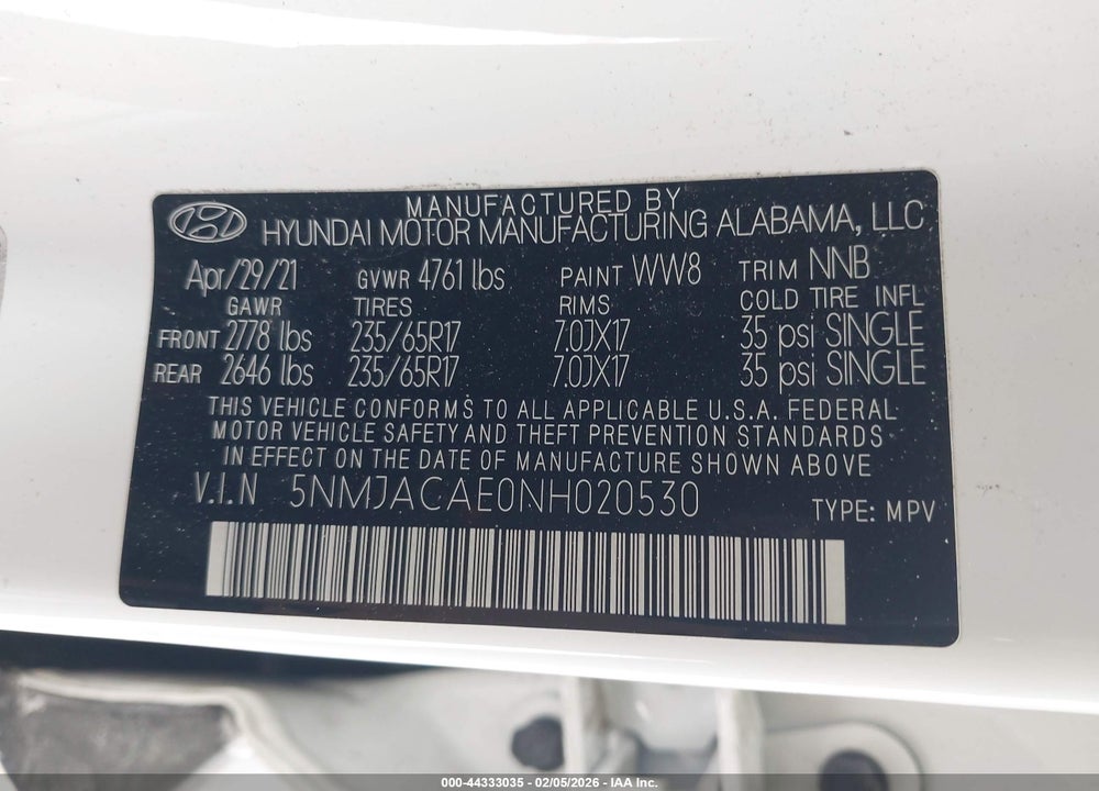 2022 HYUNDAI TUCSON SE VIN: 5NMJACAE0NH020530