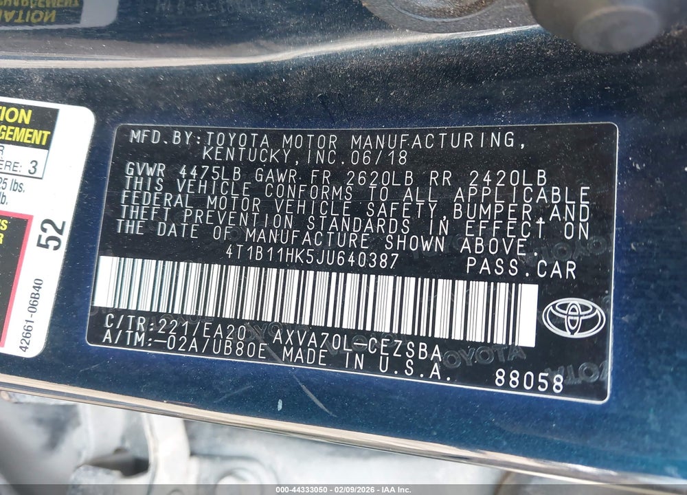 2018 TOYOTA CAMRY L/LE/XLE/SE/XSE VIN: 4T1B11HK5JU640387