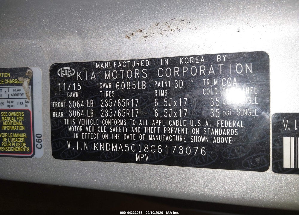 2016 KIA SEDONA L VIN: KNDMA5C18G6173076