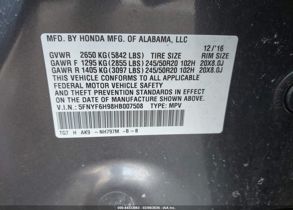 2017 HONDA PILOT TOURING VIN: 5FNYF6H98HB007508