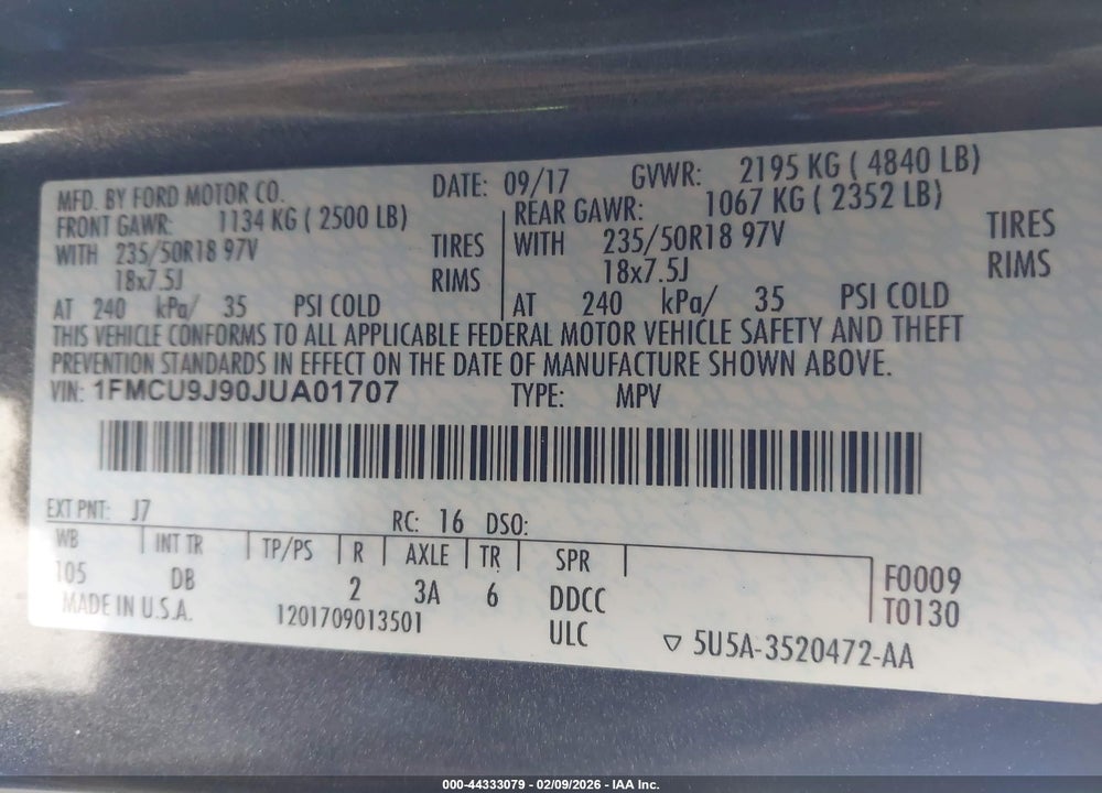 2018 FORD ESCAPE TITANIUM VIN: 1FMCU9J90JUA01707