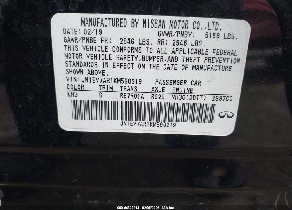 2019 INFINITI Q50 3.0T LUXE VIN: JN1EV7AR1KM590219