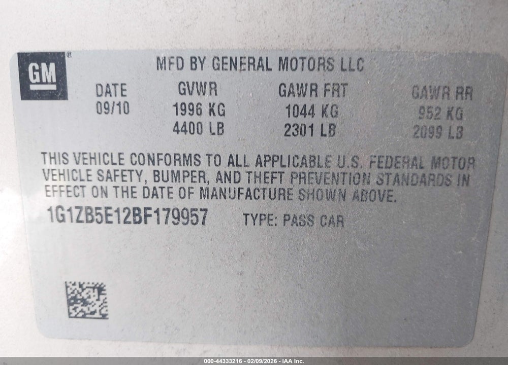 2011 CHEVROLET MALIBU LS VIN: 1G1ZB5E12BF179957