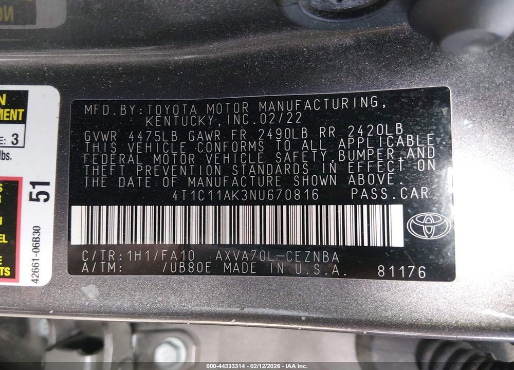 2022 TOYOTA CAMRY LE VIN: 4T1C11AK3NU670816