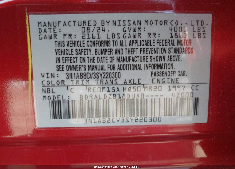 2025 NISSAN SENTRA SV VIN: 3N1AB8CV3SY220300