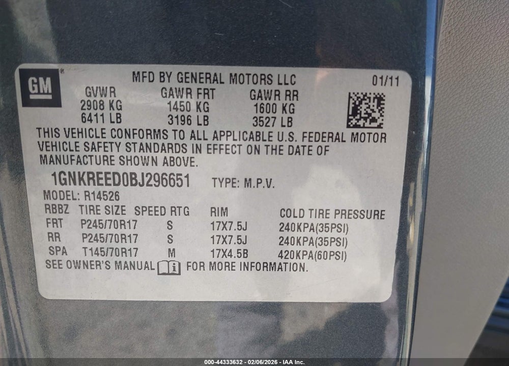 2011 CHEVROLET TRAVERSE LS VIN: 1GNKREED0BJ296651