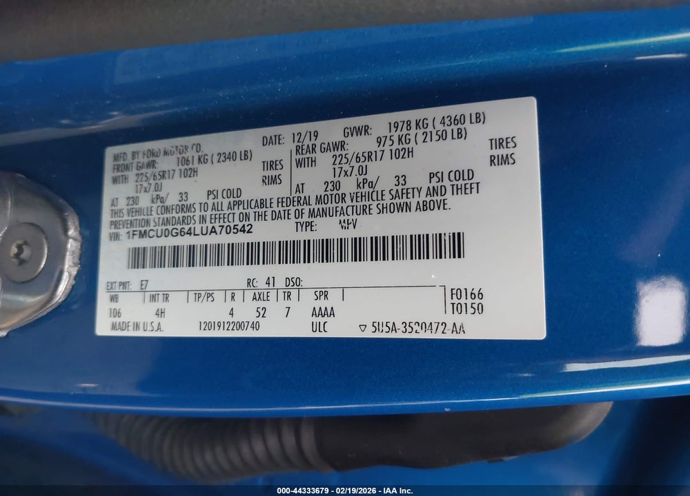 2020 FORD ESCAPE SE VIN: 1FMCU0G64LUA70542