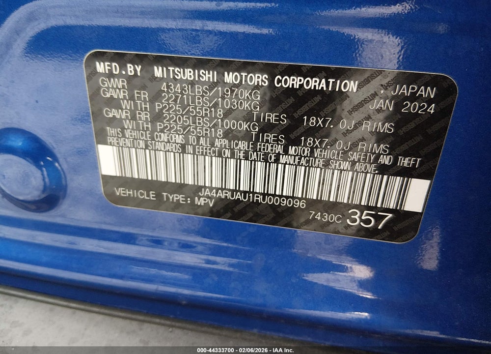2024 MITSUBISHI OUTLANDER SPORT 2.0 ES AWC/2.0 LE AWC/2.0 RALLIART AWC/2.0 S AWC/2.0 SE AWC/2.0 TRAIL EDITION AWC VIN: JA4ARUAU1RU009096