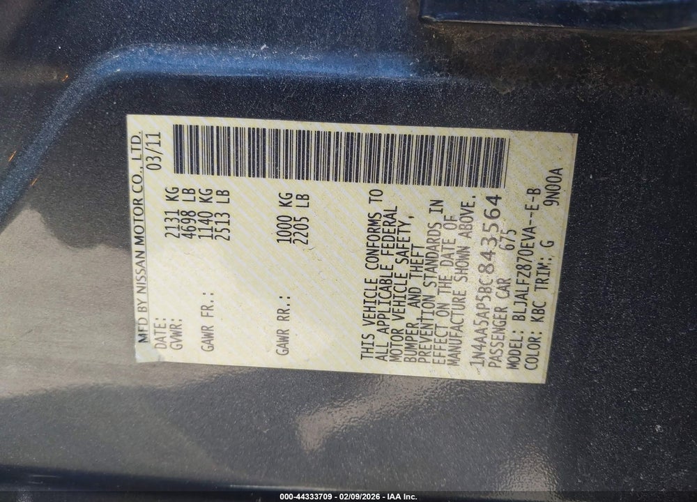 2011 NISSAN MAXIMA 3.5 SV VIN: 1N4AA5AP5BC843564