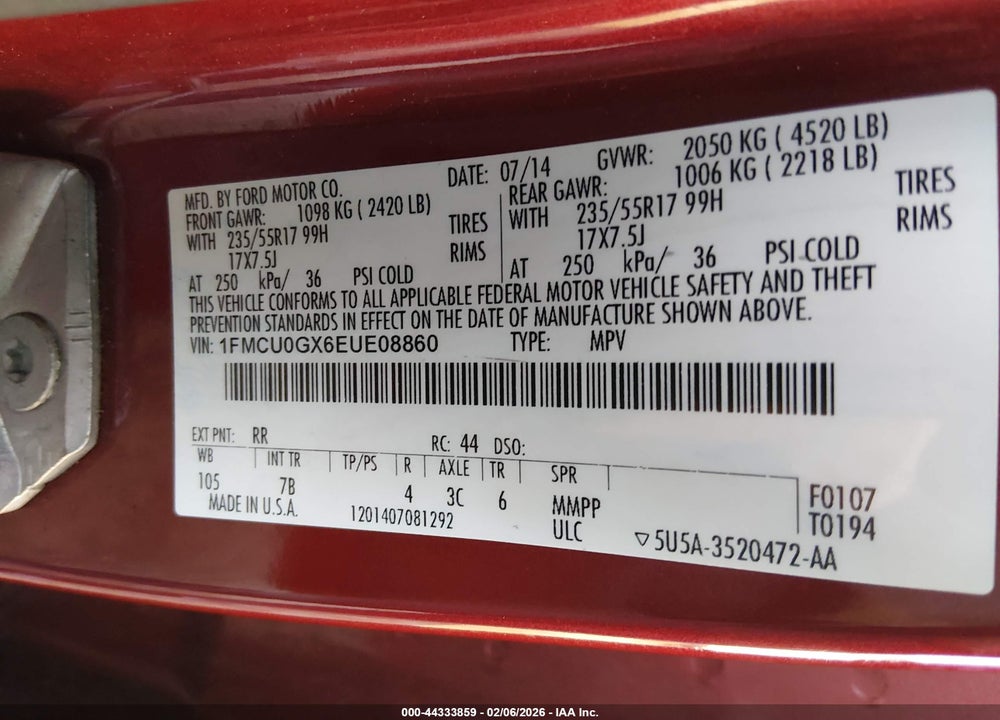 2014 FORD ESCAPE SE VIN: 1FMCU0GX6EUE08860