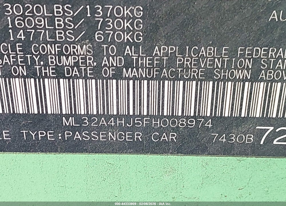 2015 MITSUBISHI MIRAGE ES VIN: ML32A4HJ5FH008974