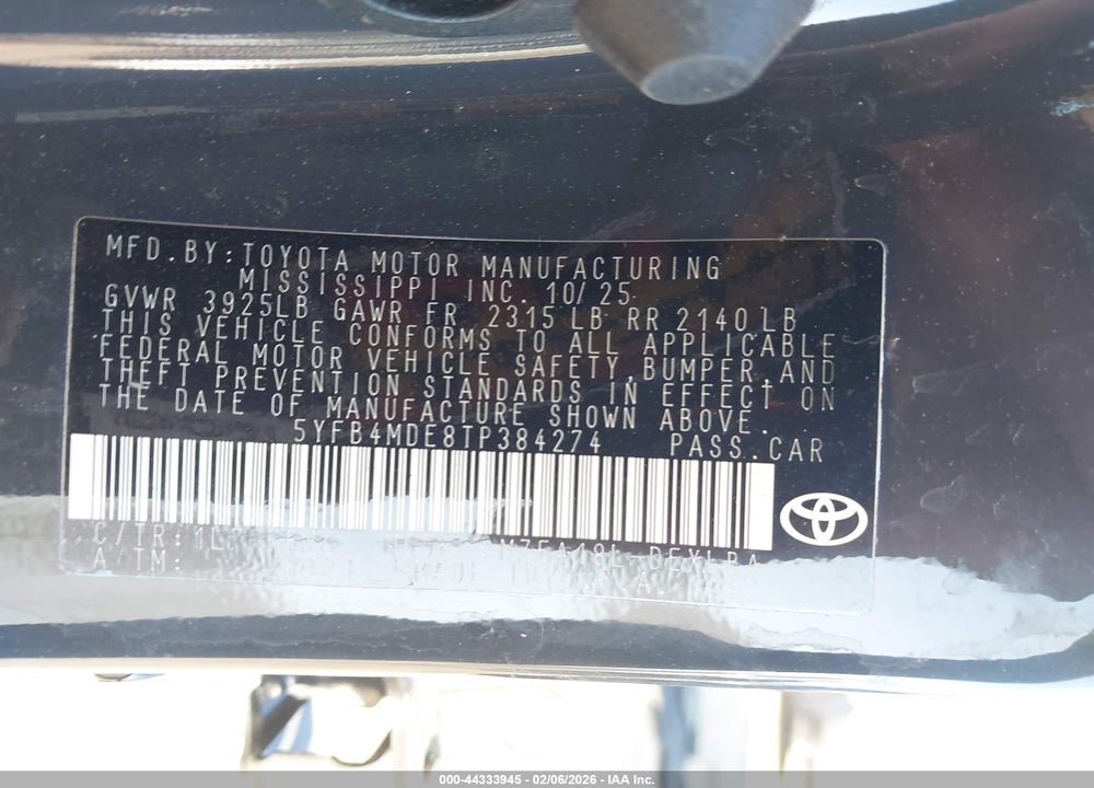 2026 TOYOTA COROLLA LE VIN: 5YFB4MDE8TP384274