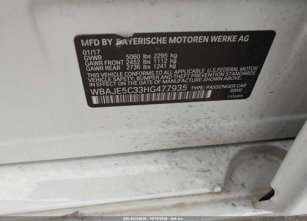2017 BMW 540I VIN: WBAJE5C33HG477935